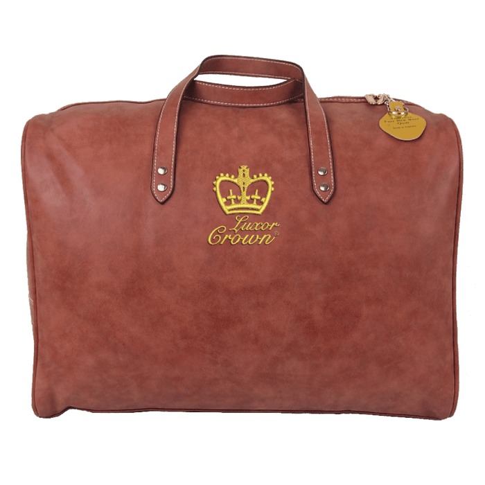 A brown leather tote bag with a gold crown logo and the text "Luxor Crown" printed on it.