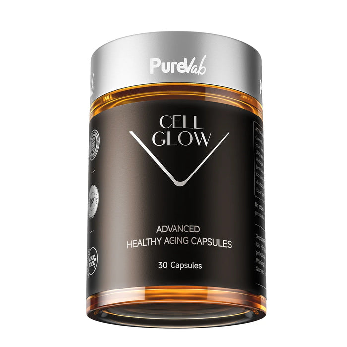 a cylindrical container with a black and orange label, advertising a product called "CELL GLOW" that is an advanced healthy aging capsule.