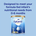 The image is an advertisement for a nutritional supplement designed to meet the nutritional needs of a formula-fed infant aged 0-6 months.
