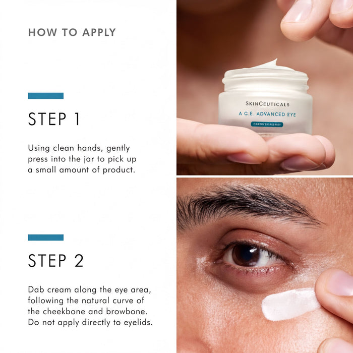 The image is a collage of two photos. The top photo shows a person's hand holding a jar of cream, with instructions on how to apply the cream. The bottom photo shows a close-up of a person's eye, with instructions on how to apply the cream to the eye area.
