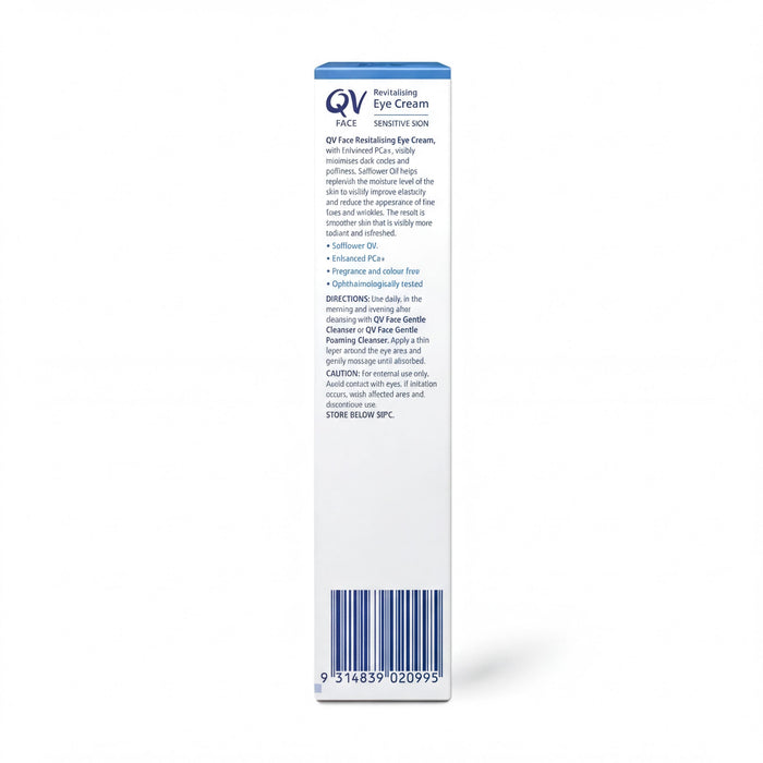 a product box for QV Face Eye Cream, specifically designed for sensitive skin.