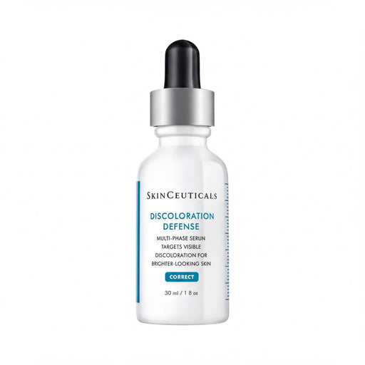 A bottle of SkinCeuticals Discoloration Defense Serum, which is a multi-phase serum designed to target discoloration for brighter looking skin.