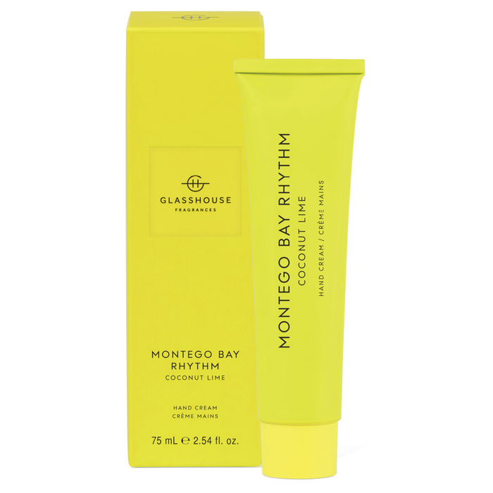 a tube of MONTEGO BAY RHYTHM hand cream with coconut lime, and a box of the same product.