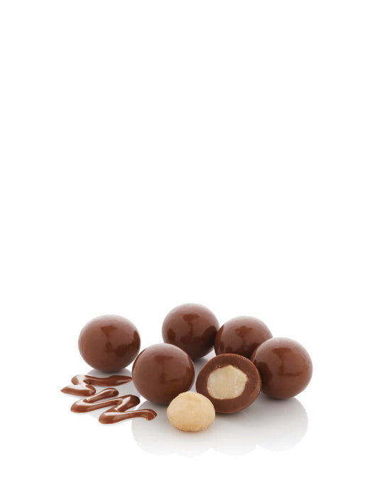 a collection of chocolate-covered nuts and a single nut with a bite taken out of it, all arranged on a white background.
