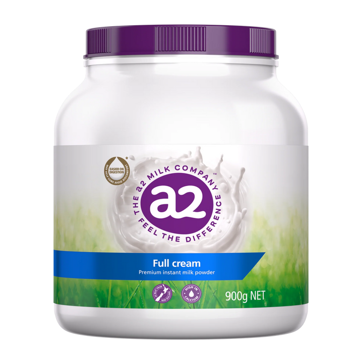 a jar of a2 milk company's Full cream instant milk powder, with a purple cap and a label that includes the product name and nutritional information.