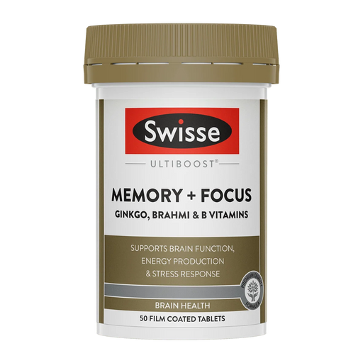 A bottle of Swiss ELTiboot Memory + Focus supplement, containing ginkgo, brahmi, and vitamins, with a focus on brain health and cognitive function.