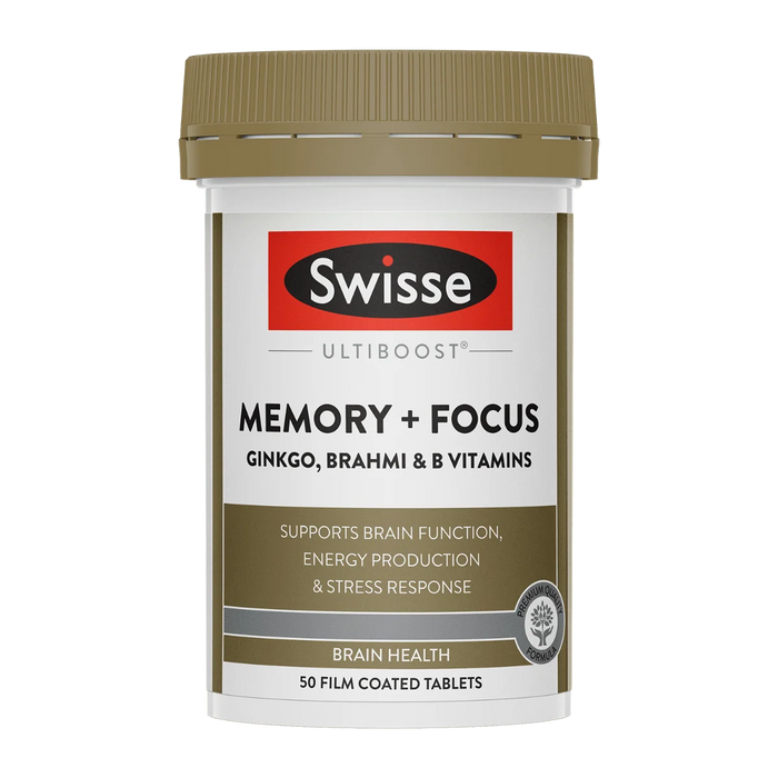 A bottle of Swiss ELTiboot Memory + Focus supplement, containing ginkgo, brahmi, and vitamins, with a focus on brain health and cognitive function.