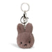 A keychain in the shape of a small, furry bunny with a round head and two black eyes.