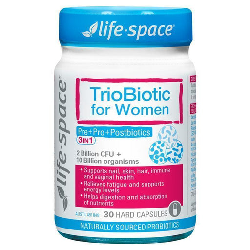 a bottle of TrioBiotic for Women, a dietary supplement containing prebiotics and probiotics.