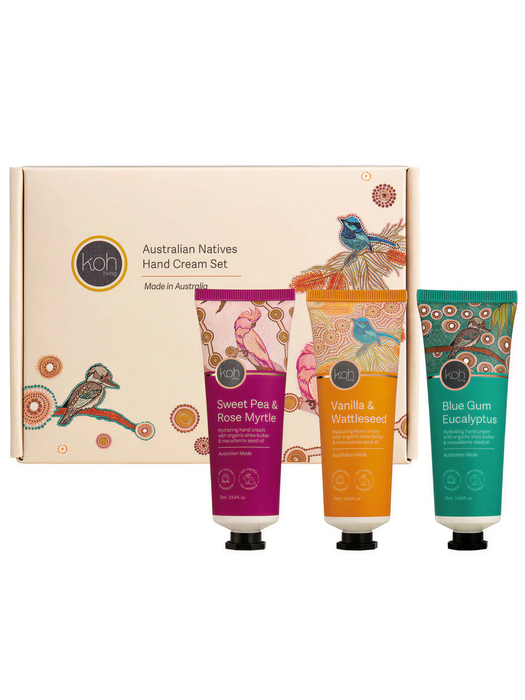a set of three hand cream tubes with different scents, including Sweet Pea & Rose Myrtle, Vanilla & Wattleseed, and Blue Gum Eucalyptus.