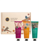 a set of three hand cream tubes with different scents, including Sweet Pea & Rose Myrtle, Vanilla & Wattleseed, and Blue Gum Eucalyptus.