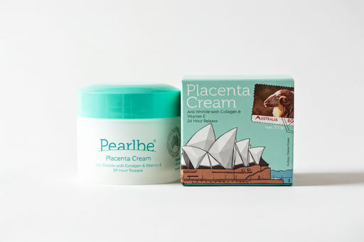 two beauty products: a jar of Pearlbe Placenta Cream and a box of Pearlbe Placenta Cream.