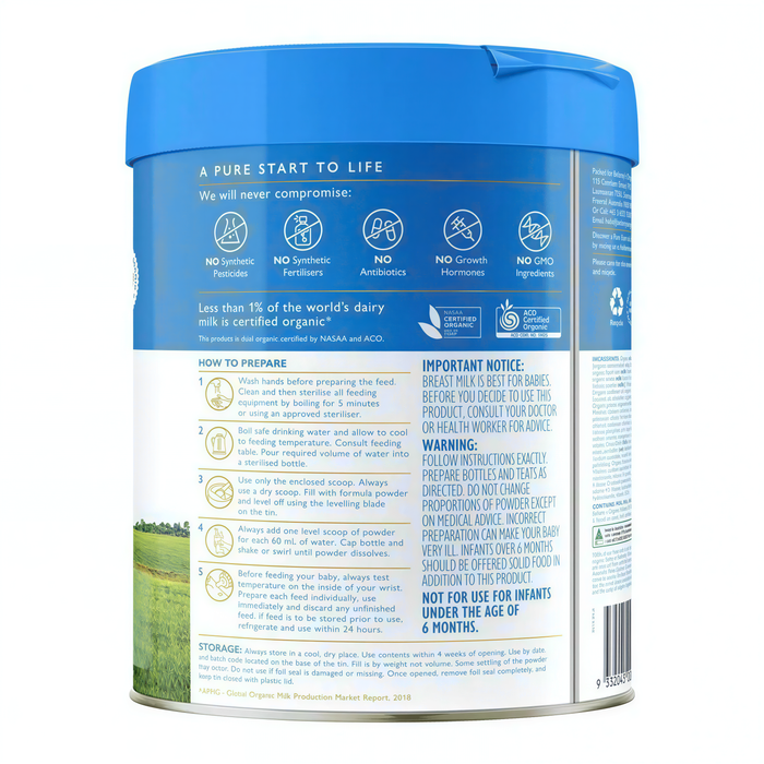 The image is a can of organic baby milk with a blue lid.