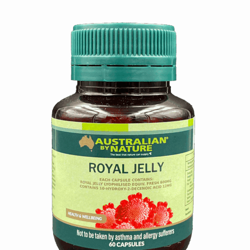 a bottle of Royal Jelly capsules, a product from Australian by Nature.