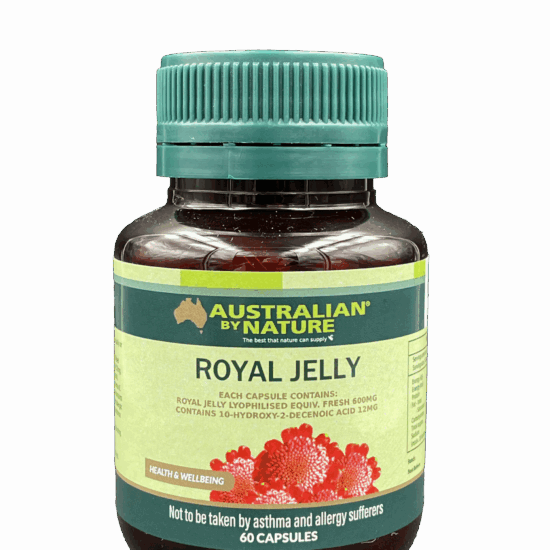 a bottle of Royal Jelly capsules, a product from Australian by Nature.
