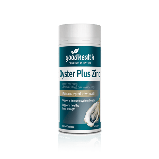 a bottle of Good Health Oyster Plus Zinc supplement against a green background.