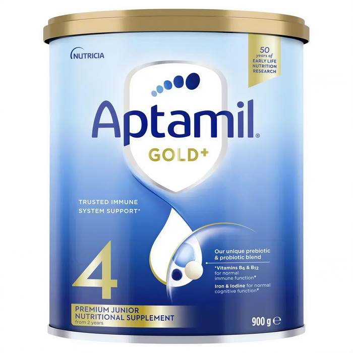 A can of Aptamil Gold+ nutritional supplement, which is a premium junior nutritional supplement for infants and young children.