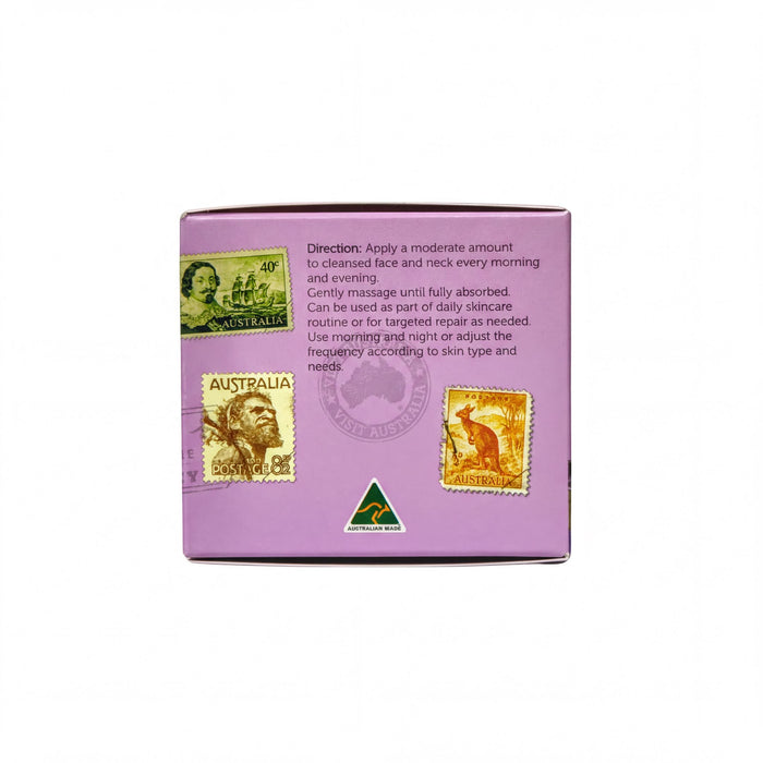 The image is a purple box with text and three Australian postage stamps on it.