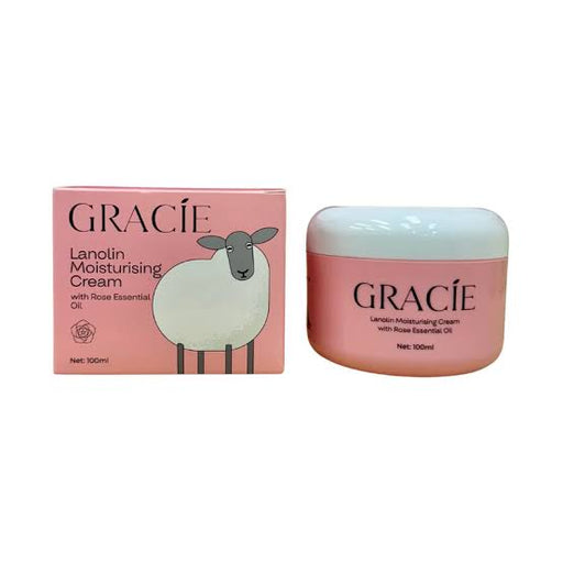 a pink box and a pink jar of a product named "Gracie". The box has a sheep illustration and the jar has a rose essential oil label.