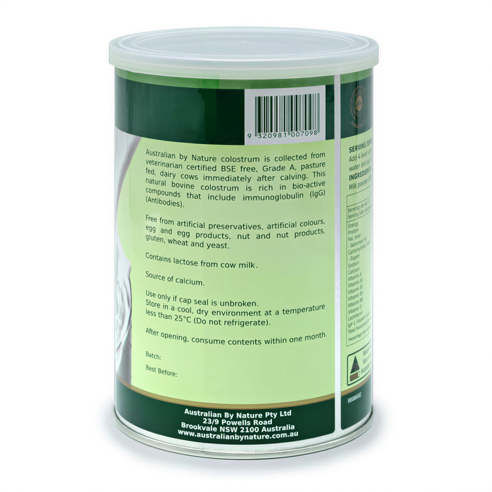 The image is a can of Australian By Nature colestrum, which is a dietary supplement containing BSE-free, gluten-free, and B vitamins. It is a natural, organic, and vegetarian-friendly product.