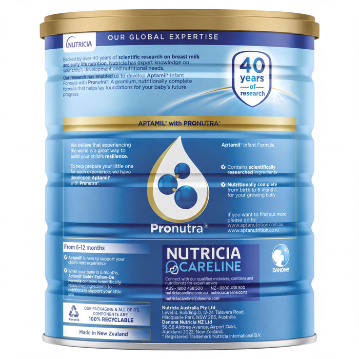 The image is a nutrition label for a product called "Pronutra" from "Nutricia". The label features a blue and gold color scheme with text and logos.