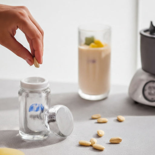 A hand is placing a small white pill into a glass jar with a blue label, surrounded by scattered almonds on a gray countertop.