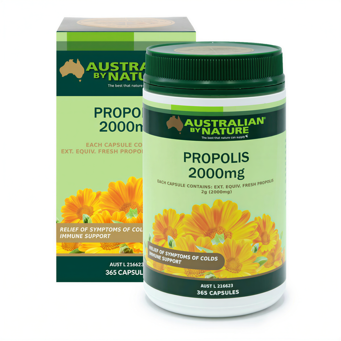 a bottle of Propolis 2000mg capsules and a box of the same product, both with a green and yellow color scheme.