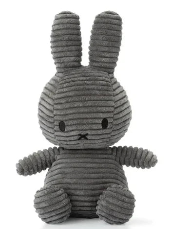 A gray, plush rabbit toy with large ears and a small nose.