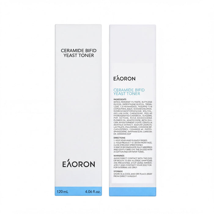 two identical boxes of Ceramide Bifid Yeast Toner, with the left box being larger than the right one.
