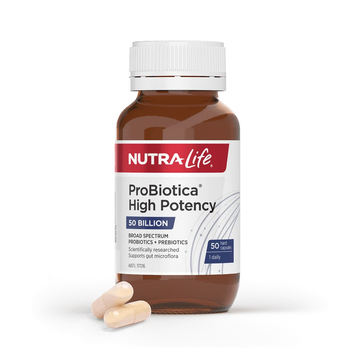 A bottle of NutraLife ProBiotic High Potency 50 Billion, a broad spectrum probiotic and prebiotic supplement, with a white cap and a red label.