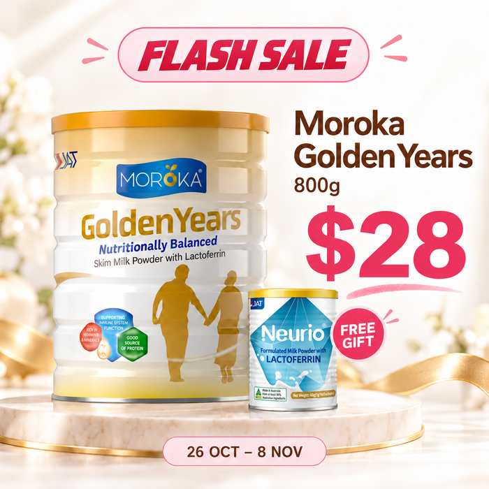 The image is an advertisement for Moroka's Golden Years, a nutritional milk powder with lactoferrin, and a free gift of Neurolox® Lactoferrin. The product is being offered at a Flash Sale, with a price of $28. The sale is scheduled for the 26th of October to the 8th of November.