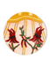 The image is a circular plate with a vibrant floral design featuring red flowers and green leaves against a yellow background with white dots.