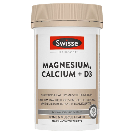 a bottle of Swiss Health & Muscle Health Magnesium Calcium D3 tablets.