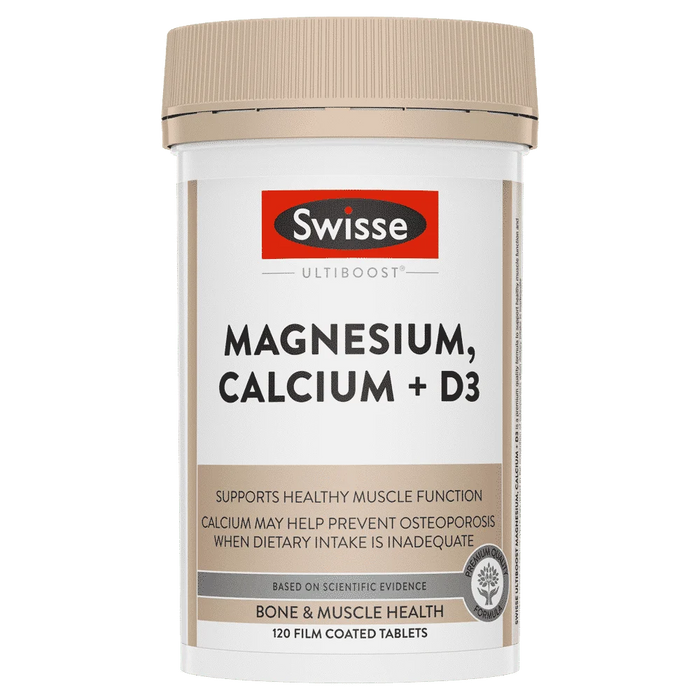 a bottle of Swiss Health & Muscle Health Magnesium Calcium D3 tablets.