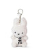 A small white plush bunny toy with a black and white striped scarf attached to it.