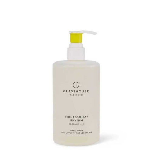 A bottle of MONTEGO BAY rhythm hand wash with coconut lime scent, containing 1.5 oz (70 ml) of liquid.
