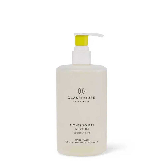 A bottle of MONTEGO BAY rhythm hand wash with coconut lime scent, containing 1.5 oz (70 ml) of liquid.