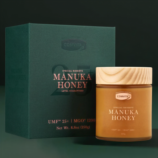 a jar of Manuka Honey next to its packaging box.