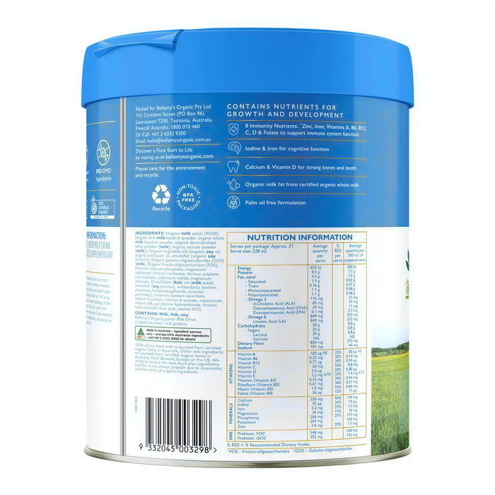 a nutrition information label for a product, likely a powdered drink mix, with various nutritional details and serving sizes.