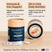 The image is an advertisement for immune and iron support products for pets. It features a tube of immune and iron support powder and a round container of immune and iron support for pets. The text highlights the benefits of these products, such as high absorption lactoferrinpeptide, immune boost for pets, and all-in-one daily nutrition. The image also includes a spoon and a tagline that reads "Empower Your Pet's Wellness, Every Day."