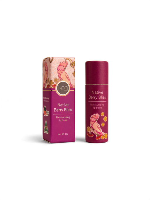 a bottle of Native Berry Bliss lip balm and its packaging.