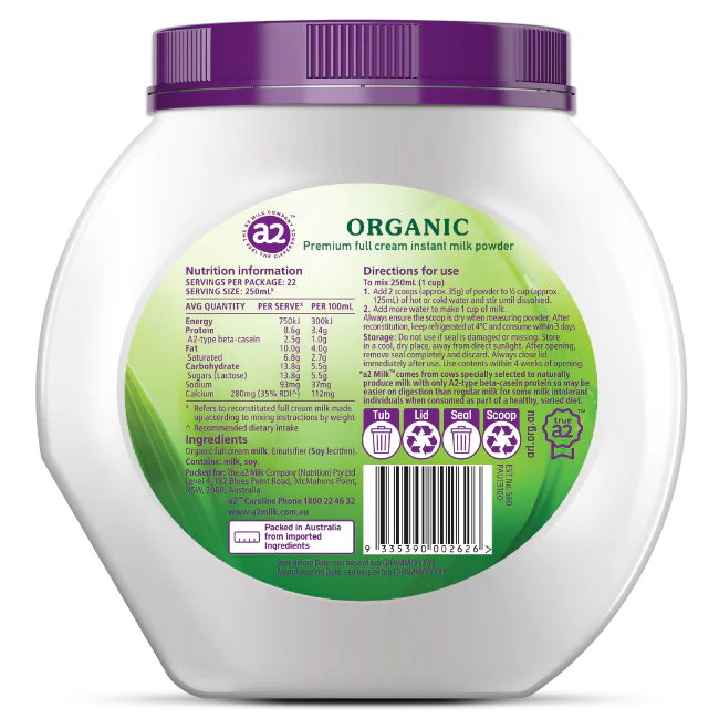 A2 Organic Full Cream Milk Powder Tub 800g