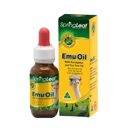 a bottle of Spring Leaf Emu Oil and its packaging.