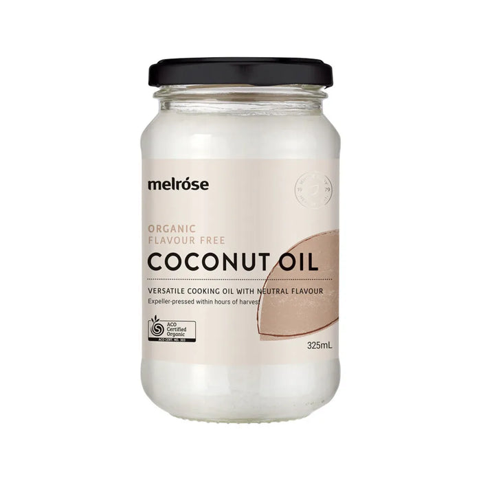 A glass jar of organic coconut oil with a black lid, featuring a label with text and a small image of a coconut.