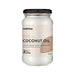 A glass jar of organic coconut oil with a black lid, featuring a label with text and a small image of a coconut.