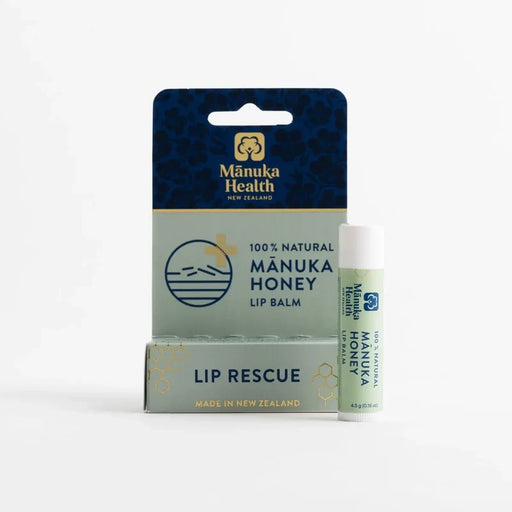 a Manuka Health product, specifically a 100% natural Manuka Honey lip balm. The lip balm is a lip rescue product, and it is made in New Zealand.