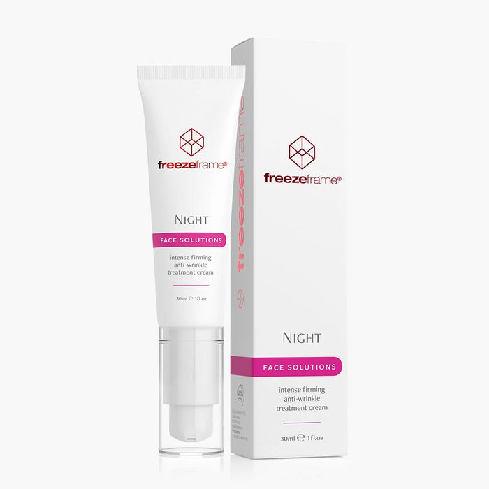 a tube of "Night Face Solutions" and its packaging, both of which are white and pink in color.