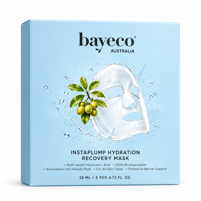 The image is a product packaging for a skincare product called "Instapump Hydration Recovery Mask" from Bayeco Australia. The packaging features a clear mask with a green leaf and a bunch of grapes, surrounded by water droplets, and the product is described as a "Multi-weight Hydrating Mask" that is "Antioxidant-rich Kakadu Plum" and "For All Skin Types - Protective Barrier Support". The packaging also indicates that it contains 28 mL and 5 Pcs 473 FL. OZ.