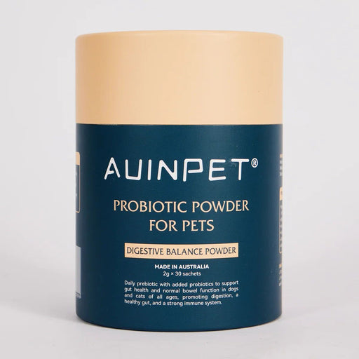 A cylindrical container of Auminpet Probiotic Powder for pets, made in Australia.
