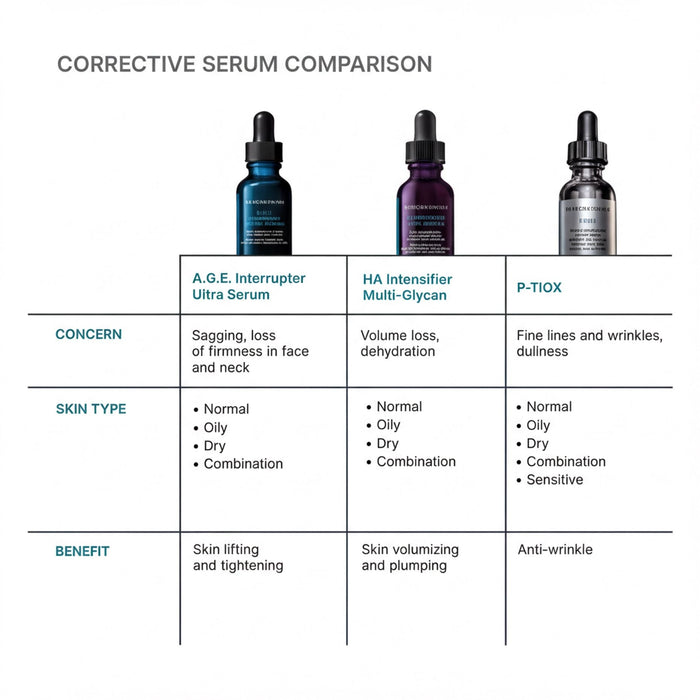The image is a comparison chart that lists three different serums and their corresponding benefits, with each serum labeled with a different skin type.